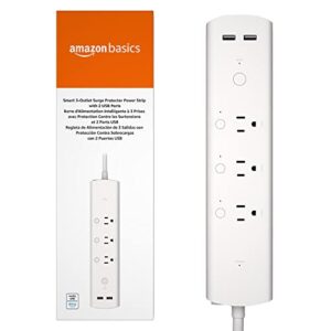 Amazon Basics Rectangle Smart Plug Power Strip, Surge Protector with 3 Individually Controlled Outlets and 2 USB Ports, 2.4 GHz Wi-Fi, Works with Alexa, White
