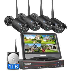 Hiseeu [10CH Expandable] Wireless Security Camera System with 10.1" LCD 5MP Monitor, 4Pcs 3MP Outdoor Indoor Cameras with One-Way Audio, DC 12V Plug-in, Waterproof, Motion Detection, 1TB Hard Drive