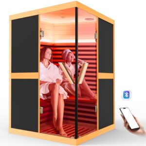 OUTEXER 2 Person Sauna Infrared Saunas APP Control 7 Color Light 1980W Wooden Home Spa Room Canadian Hemlock Wood Low-EMF Indoor Saunas 47.2 * 47.2 * 75.6inch