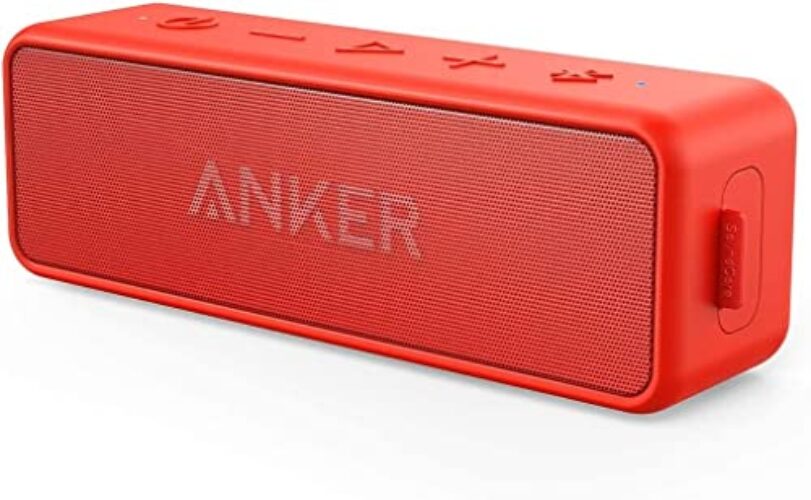Anker SoundCore 2 Portable Bluetooth Speaker, Wireless, Enhanced Bass, 24-Hour Playtime, 66ft Range, IPX7 Water Resistant, Built-in Mic, Ideal for Travel, Compact and Easy to Use, Red