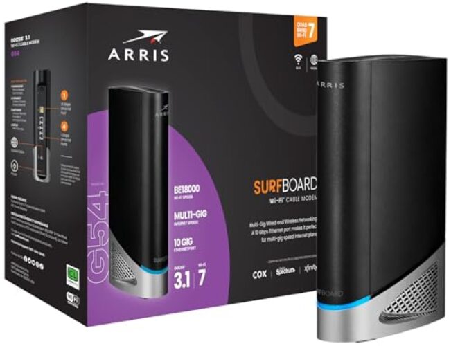 ARRIS Surfboard G54 DOCSIS 3.1 Multi-Gigabit Cable Modem & BE 18000 Wi-Fi 7 Router, Comcast Xfinity, Cox, Spectrum, Quad-Band, 1, 10-Gbps Port, 4, 1-Gbps Ports, Multi-Gig Internet Speed Plans