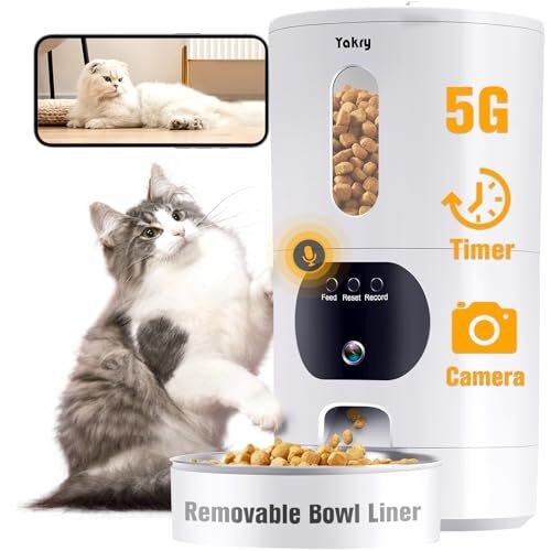 Yakry Automatic Cat Feeders Camera 5G WiFi Easy to Clean Timed Smart Dog Food Dispenser 2-Way Audio Memory Function Pet Feeder HD 1080P Video Record APP Control Dry Food Clear Night Vision