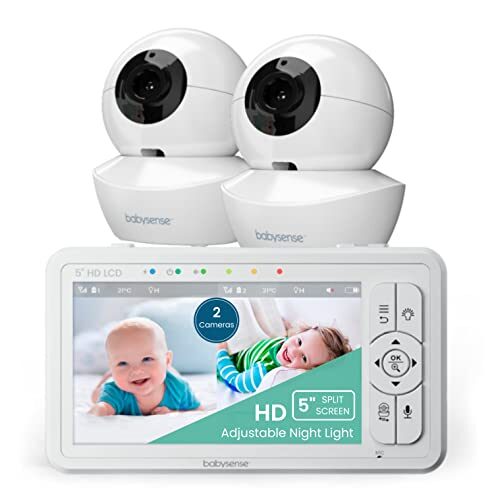 Babysense 5″ HD Split-Screen Baby Monitor, Video Baby Monitor with Camera and Audio, Two HD Cameras with Remote PTZ, Night Light, 960ft Range, Two-Way Audio, 4X Zoom, Night Vision, 4000mAh Battery