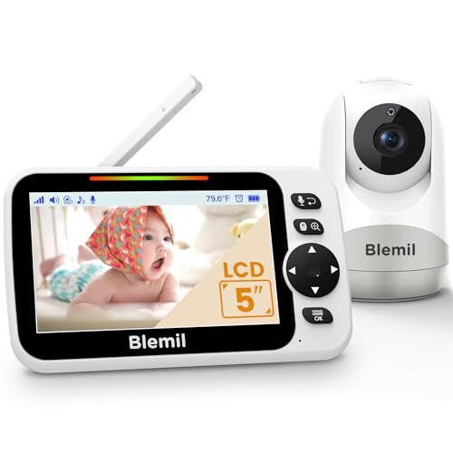 Blemil Baby Monitor with 30-Hour Battery, 5″ Large Split-Screen Video Baby Monitor with Camera and Audio, 3500mAh Battery, Remote Pan/Tilt/Zoom Camera, Two-Way Talk, Night Vision, Lullabies, No WiFi