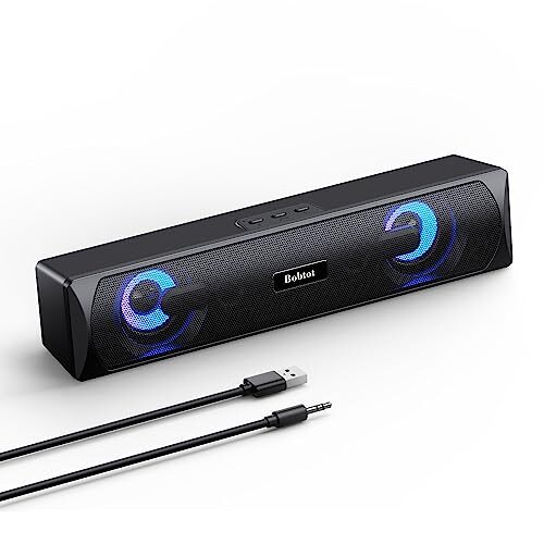 Bobtot Computer Speakers Desktop Soundbar – HiFi Stereo Audio RGB Mini Sound Bar External Speaker with Bluetooth AUX-in Wired USB Powered Volume Control for PC Laptop Tablets Monitor