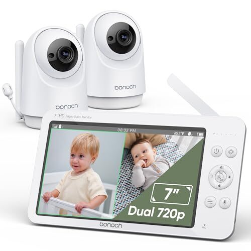 bonoch Baby Monitor with 2 Cameras, 7″ 720P HD Split Screen Video Baby Monitor No WiFi, Baby Monitor with Camera and Audio, 6000mAh, VOX Mode, 2 Way Audio, Sound Detect, Remote PTZ, Auto Night Vision