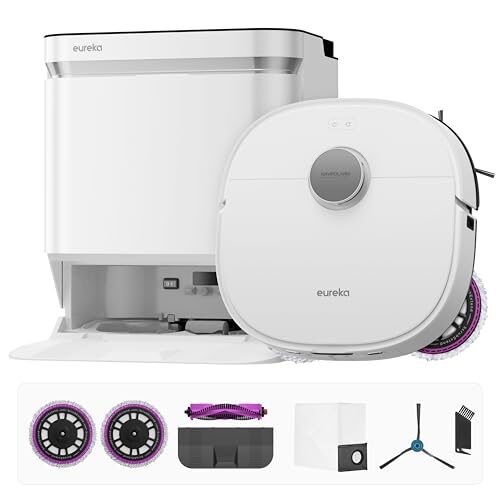 Eureka J15 Pro Ultra Robot Vacuum and Mop with Self-Emptying Base, 16,200 Pa Suction, Flex-Arm Design Mop, Auto Mop Hot Water Washing & Hot Air Drying, Anti-Tangle, AI Obstacle Avoidance, White