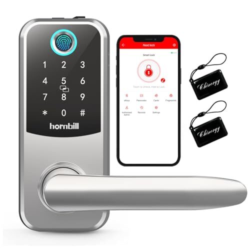 Hornbill Fingerprint Bluetooth Front Door Locks with Handle, Hornbill Smart Keyless Entry Locks with Touchscreen Keypad, Electronic Digital Deadbolt with Reversible Handle, Free App, Fobs, Code