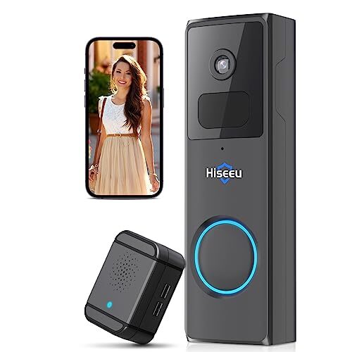 Hiseeu Wireless Doorbell Camera with Chime, Voice Changer, 2MP Video, PIR Detection, 100% Wire-Free Battery Powered, Anti-Theft Alarm, Night Vision, SD/Cloud Storage, Alexa/2.4Ghz WiFi Compatible
