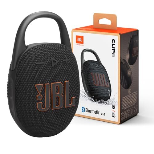 JBL Clip 5 Portable Bluetooth Speaker, Waterproof & Dustproof, Big Pro Sound with Punchy bass, Integrated Carabiner, Up to 12 Hours of Play, Made in Part with Recycled Materials (Black)