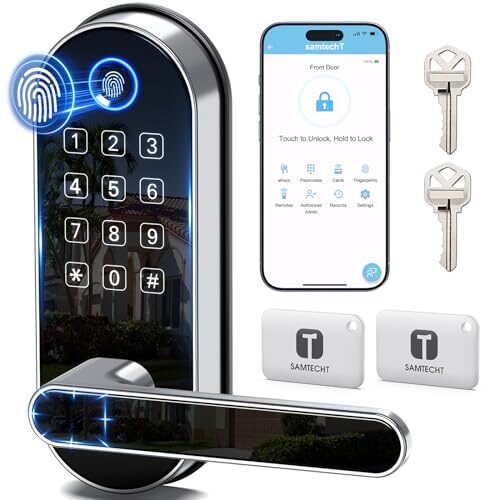 samtechT Fingerprint Smart Lock Keyless-Entry Keypad: Digital Door Lock with Code Passcode, Electronic Door Handle, Biometric Door Knob for Entry Door, Bedroom Door (Silver)