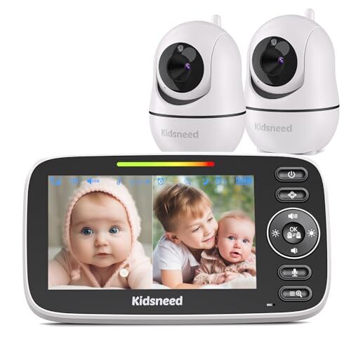 Kidsneed Split Screen Baby Monitor, Video Baby Monitor with 2 Cameras and Audio, 1000ft Long Range, Remote Pan Tilt, Night Vision, Temperature Sensor, 2 Way Talk, Feeding Clock and Lullabies