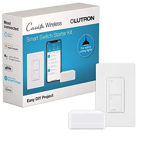 Lutron Caseta Smart Lighting Kit with Hub, Original Switch, & Wall Plate, for Light Bulbs and Fans, Works w/ Alexa, Apple Homekit, Google Home, 5A Single-Pole/3-Way, Neutral Required, P-BDG-PKG1WS
