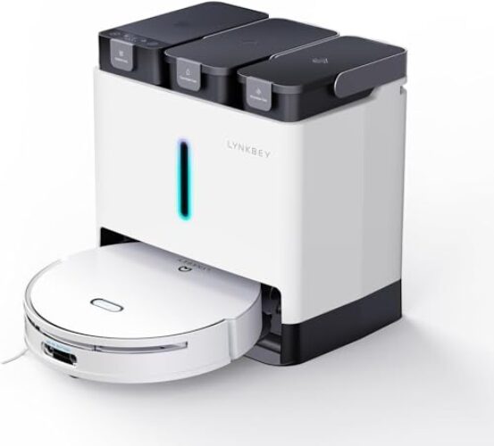 LYNKBEY M20 Pro Robot Vacuum and Mop Combo, Auto Mop Cleaning&Hot Air Drying, Self-Emptying&Refilling, Ultra Thin Robot Vacuum Cleaner, Compact Dock, 5000Pa Suction, AI Obstacle Avoidance, APP Control