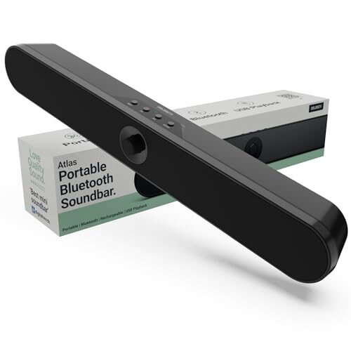 Majority Atlas Portable Bluetooth PC Soundbar, 20 Watts Powerful Stereo Sound, Portable Speaker with 8 Hours Playback, One Touch Control, USB, SD Card & AUX Playback Sound Bar for TV