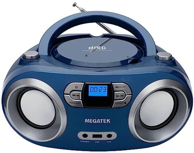 MEGATEK Portable CD Player Boombox with FM Radio, Bluetooth, and USB Port, Clear Stereo Sound, CD-R/RW and MP3 CDs Compatible, 3.5mm Aux Input and Headphone Jack, Backlit LCD Display, Blue Jay