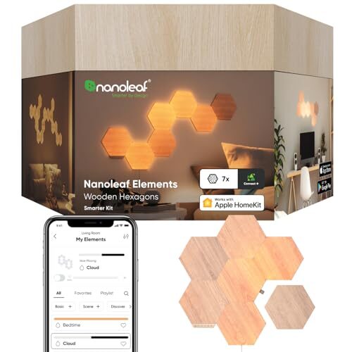 Nanoleaf Elements Wood Look Smart Wall Lights, Hexagon LED Wall Lights Work with Alexa, Google Assistant, Home Wall Decor for Living Room with Music Sync, Touch Control, Ambient White 1500-4000K, 7 Panels