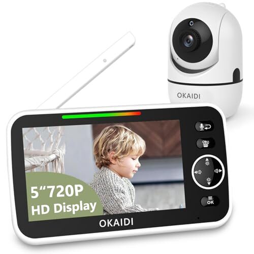 OKAIDI Baby Monitor with Camera and Audio, 720P 5″ HD Display Baby Monitor, 5000mAh Battery, Remote Pan-Tilt, 3X Zoom, Night Vision, 2-Way Talk, Temperature,Lullabies,1000ft Range Baby Monitor No WiFi