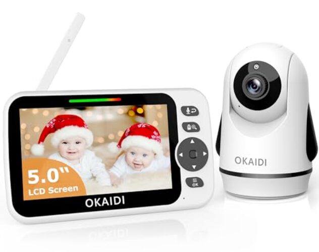 OKAIDI Video Baby Monitor with Camera and Audio, 5″ Display Baby Monitor No WiFi, 30H Battery and 1000ft Range Baby Monitor, Remote Pan-Tilt-Zoom Baby Camera, Night Vision, 2-Way Talk, VOX, Temperature