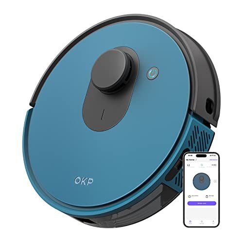OKP Robot Vacuum Cleaner Lidar Robotic Self Charging Vacuum Robot with Lidar Navigation Strong Suction for Hard Floors, Blue