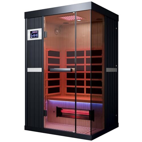 OnxyEdge 2-Person Full Spectrum Infrared Sauna with 12 * 12″ Red Light Therapy & 2 Built-in Speakers, Indoor Dry Sauna 1990W/120V with Dual LED Controls for Home & Gym – Canadian Hemlock Spa Room