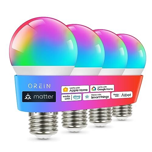 OREiN Matter Smart Light Bulb, Smart Light Bulbs Work with Apple Home, Alexa, Google Home, SmartThings, A19 Color Changing Light Bulbs 2.4Ghz WiFi, 800 Lumens Eq 60W, 4Pack