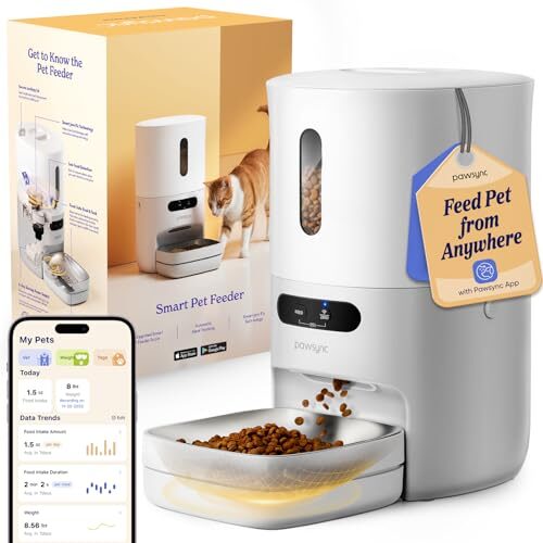 Pawsync Automatic Cat Feeder, WiFi Smart Scale Tracks Pet’s Food Intake, App Control, 3.6L Timed Food Dispenser for Cats and Dogs, Up to 10 Meals Per Day, Stainless Steel Bowl, Dual Power Supply
