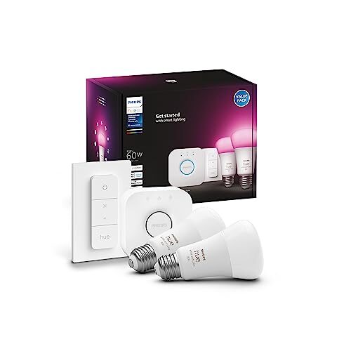 Philips Hue White and Color Ambiance Smart Light Starter Kit, Includes 2 Smart Bulbs, Hue Bridge, and Dimmer Switch