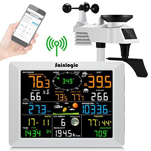 sainlogic WiFi Weather Station with 10.2 inch Large Display Wireless Weather Station, Indoor Outdoor Remote Monitoring System, Rain Gauge and Temperature Wind Gauge, Wunderground(White)