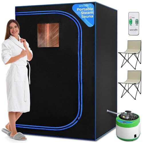SereneLife Portable Sauna for Home, 2 Person Steam Sauna Tent with 4L Steamer, 2 Folding Sauna Chairs, Remote Control In-Home Spa, 71″x47″ inches