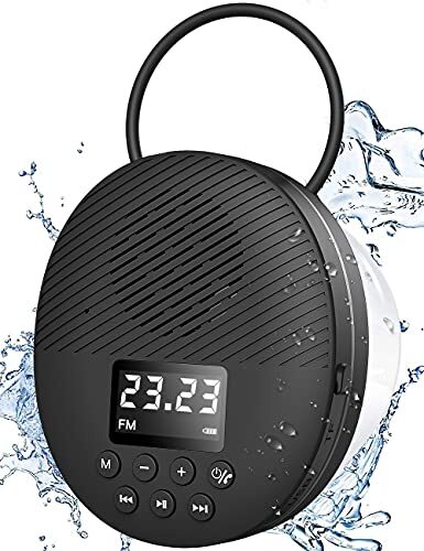 AGPTEK Shower Radio Speaker with Bluetooth 5.0, Waterproof Wireless Bathroom FM with Suction Cup 12H Long Playback Time, Lanyard, LCD Screen Display, Handsfree Calling, Storage Card Playback Black