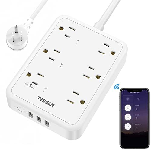 TESSAN WiFi Flat Plug Strip with 3 Smart Outlets and 3 USB Ports, Smart Power Strip, 6 Feet Extension Cord Surge Protector, 2.4 GHz Wi-Fi, Compatible with Alexa and Google Home, White
