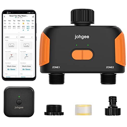 Johgee Smart WiFi Water Timer 2-Zone, Sprinkler Timer with Wi-Fi Hub, 2 Outlets Bluetooth Hose Timer works with Alexa with Rain Delay, Wireless Irrigation Timer with Automatic/Manual for Garden/Lawn/Faucet