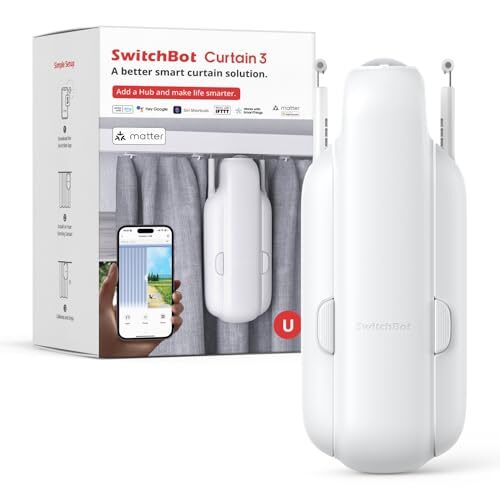 SwitchBot Automatic Curtain Opener, Bluetooth Remote Control Smart Curtain with App, Upgraded High-Performance Motor, Add SwitchBot Hub to Work with Alexa, Google Home, HomeKit (Curtain 3, U Rail)
