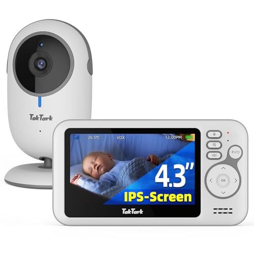 TakTark Baby Monitor with Camera and Audio, 4.3 inches, No Wi-Fi, 2 Way Audio, Night Vision, Digital Zoom, VOX Power Saving, Room Temperature, Ideal for New Parents