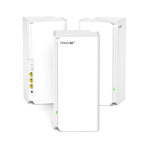 Tenda AXE5700 Nova MX21 Pro Mesh WiFi 6E System, up to 7300 sq. ft, Whole Home WiFi 6E Mesh System, New 6GHz Band, Tri-Band Mesh Router for 200 Devices, 7*3dBi Antennas for Strong Signal, 3-Pack