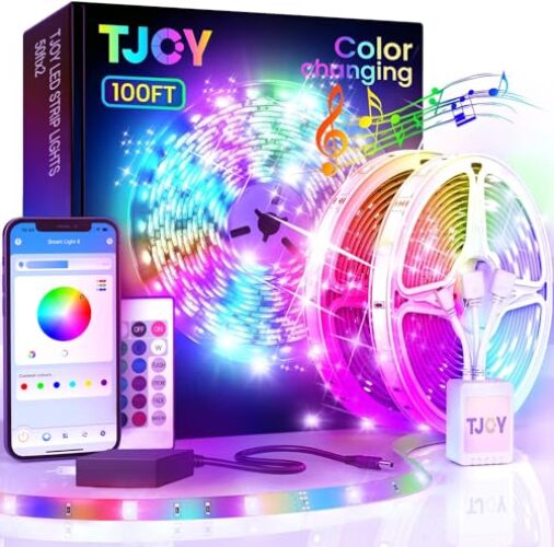 TJOY LED Lights for Bedroom 100ft, RGB Color Changing LED Strip Lighting with Remote and Smart APP Control, Music Sync Rope Lights via Bluetooth for Kitchen, TV, Room Decor