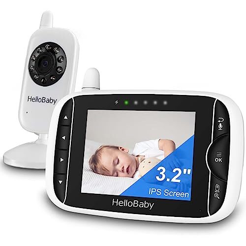 HelloBaby Video Baby Monitor with Camera and Audio, 3.2Inch LCD Display, Infrared Night Vision, Two-Way Audio and Room Temperature Monitoring, Lullaby, Sound Activated Screen