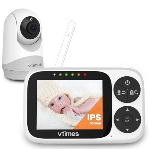 VTimes Video Baby Monitor with Camera and Audio, 3.2″ IPS Screen Baby Camera Monitor No WiFi Night Vision VOX Mode Pan-Tilt-Zoom Temperature Display 2 Way Audio Lullaby Feeding Alarm and 1000ft Range