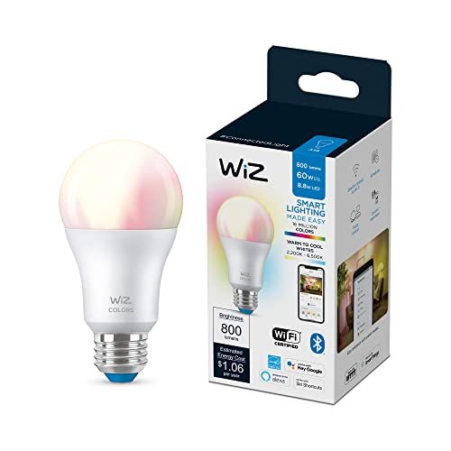 WiZ A19 Color LED Smart Bulb, 60W, Pack of 1, E26 Indoor, Connects to Your Existing WiFi, Control with Voice or App + Activate with Motion, Matter Compatible