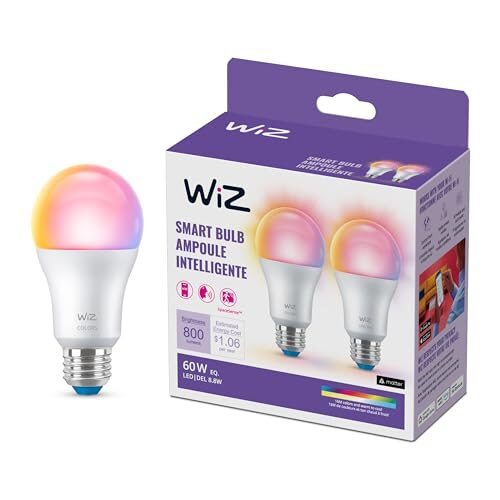 WiZ 60W A19 Color LED Smart Bulb,  Pack of 2, E26,  Indoor, Connects to Your Existing Wi-Fi – Control with Voice or App + Activate with Motion, Matter Compatible
