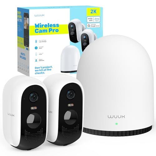 WUUK 2 Cameras for Home Security Outdoor Wireless WiFi, No Subscription, 2K Battery Powered Outdoor Wireless Security Camera with Base Station, IP67, 32GB Local Storage, Google & Alexa Compatible