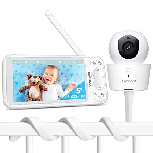 Yonvim 5 Inch 1080P Baby Monitor, Video Baby Monitor with Camera and Audio No WiFi Needed, 5000mAh Battery, 2 Mounts, Night Vision, Long Range, 2-Way Talk, Remote Pan Tilt, Temperature Sensor